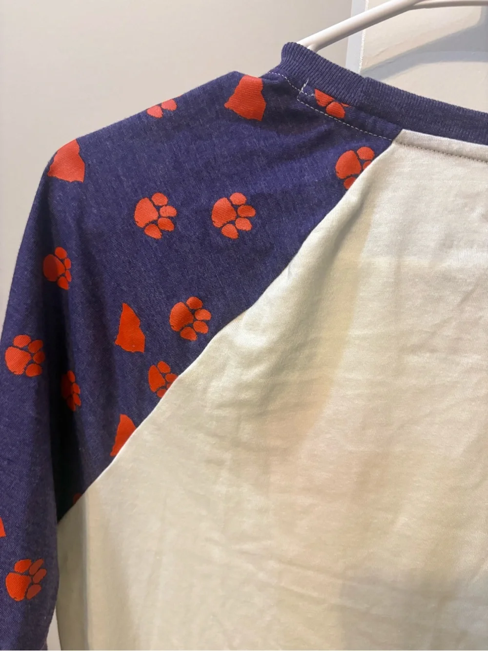 Clemson Nike Women's White Tee with Purple Raglan Sleeves and Orange Paw Prints